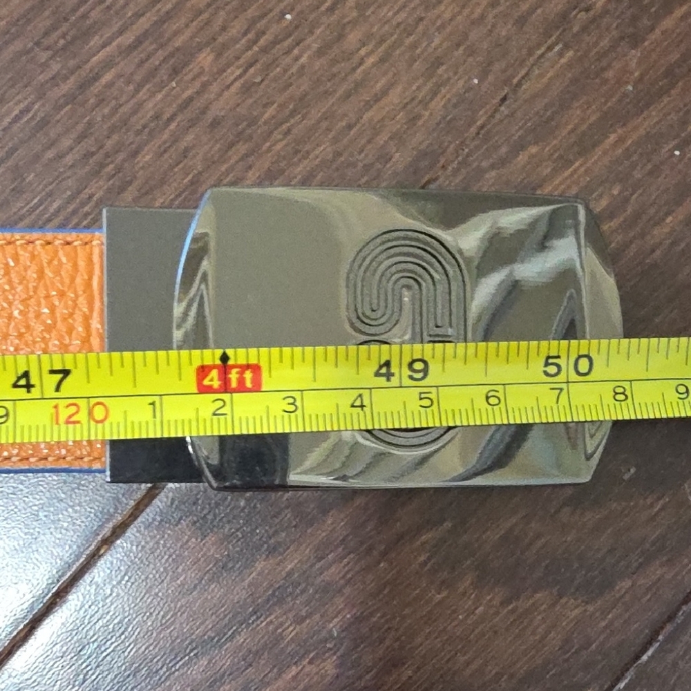 Coach Men's Reversible Leather Belt in Orange and Blue with Logo Buckle - Picture 4 of 10